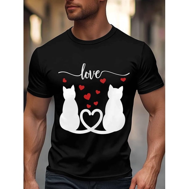Men's T-Shirt,Short Sleeve Tee Shirt Casual Tops Black Cat Red Hearts Crew Neck T Shirts for Men