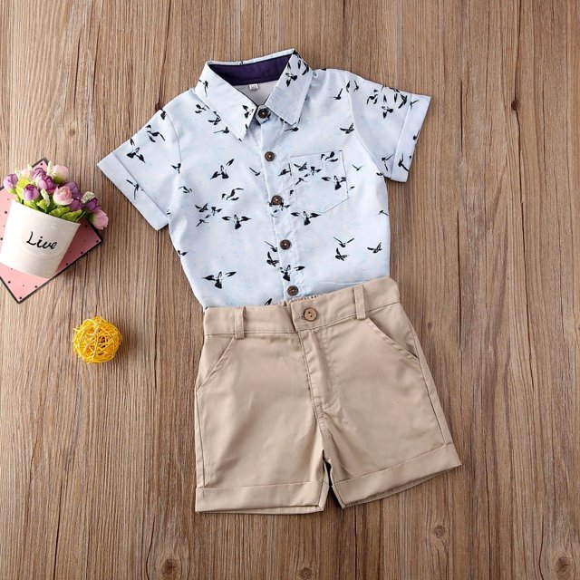 Tenue pour Bébé Garçon Manches Courtes Imprimé Goéland Chemise Couleur Unie Shorts