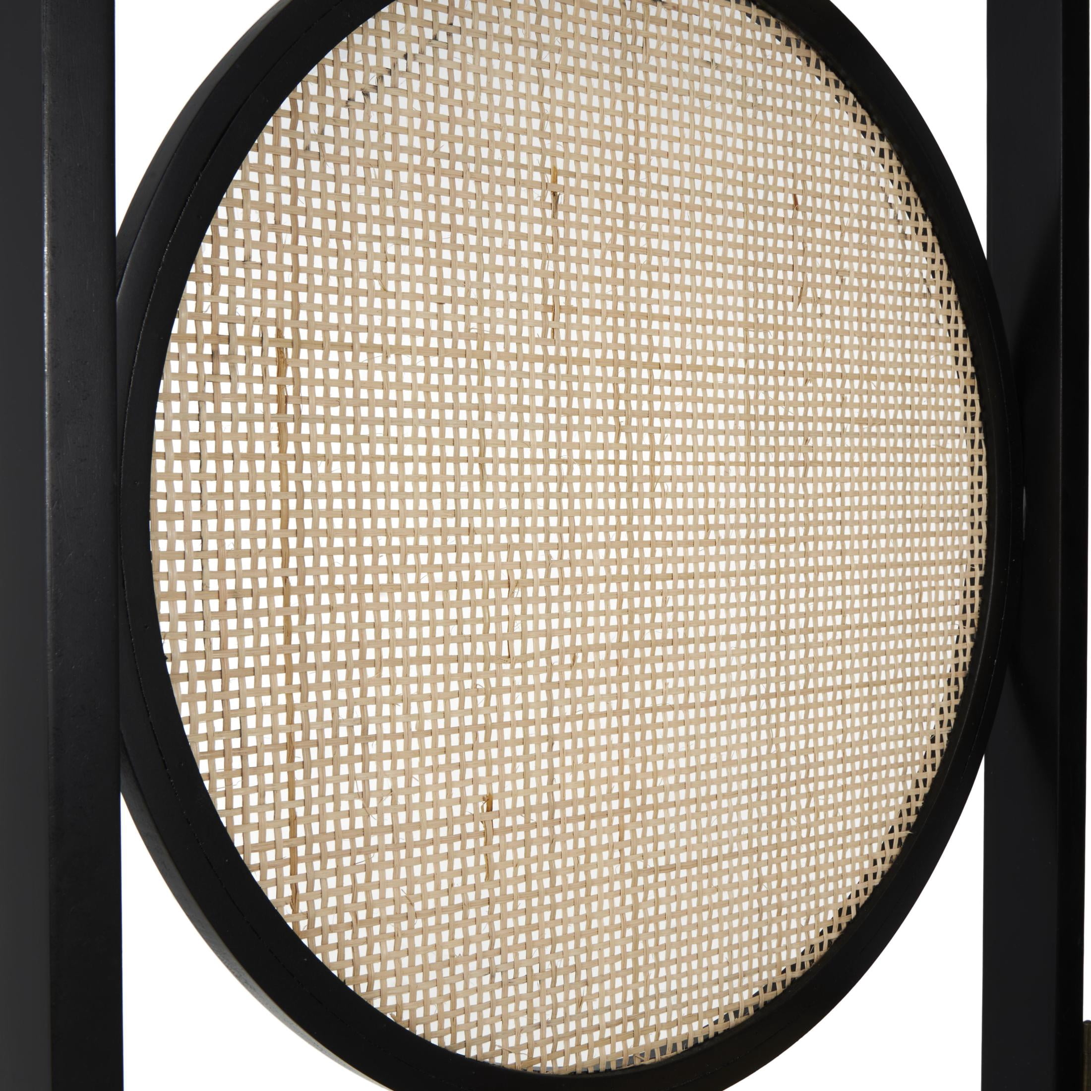 DecMode 55" x 71" Black Wooden Geometric Handmade Arched Foldable 3 Panel Room Divider Screen with Woven Cutouts, 1-Piece