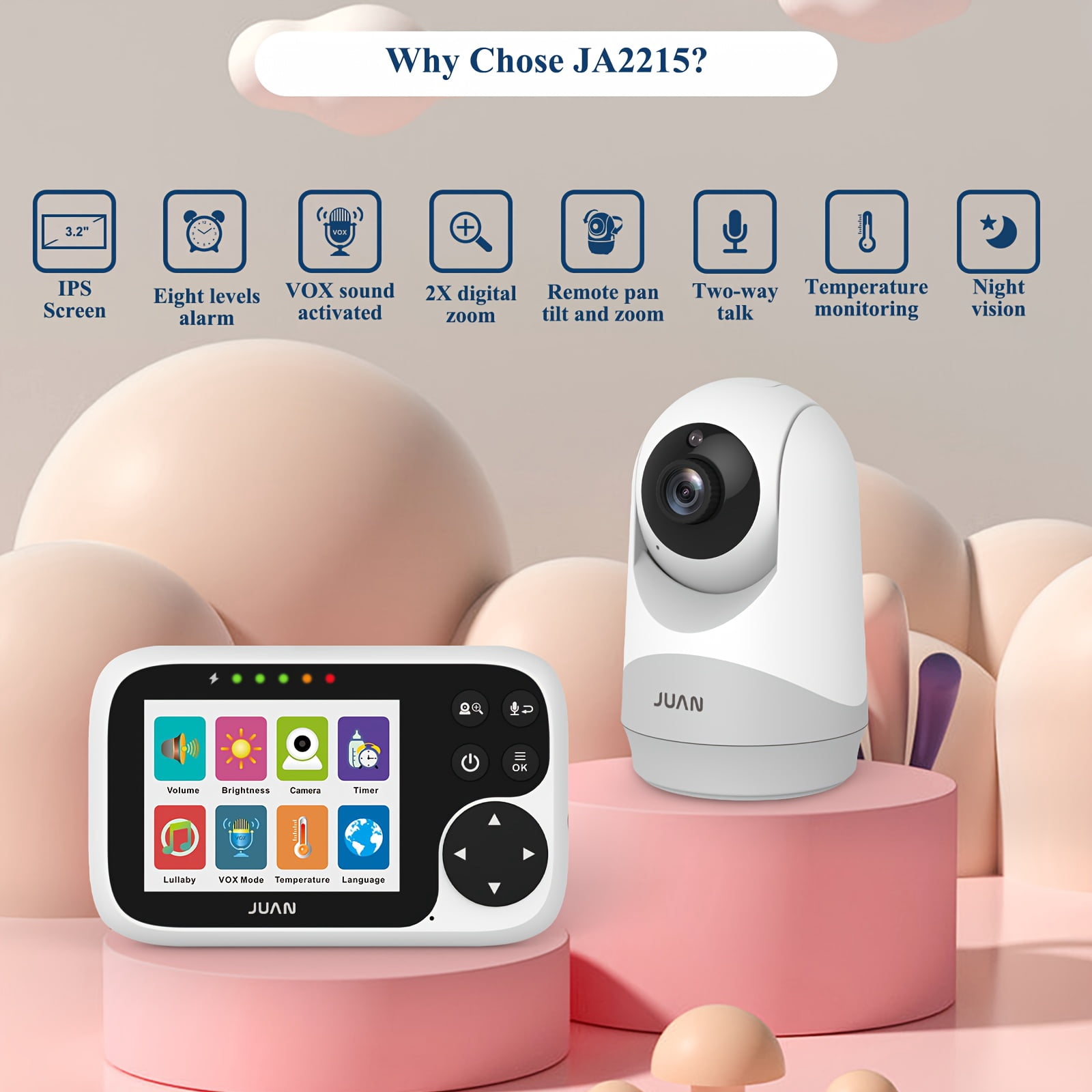 1pc/2pcs 320° Camera Monitor Security with Camera Night Vision, No Wifi, 3.2" IPS LCD Screen, 2-Way Talk, VOX Mode, Feeding Reminder Temperature Sensor And 8 Lullabies As Christmas New Year Gift