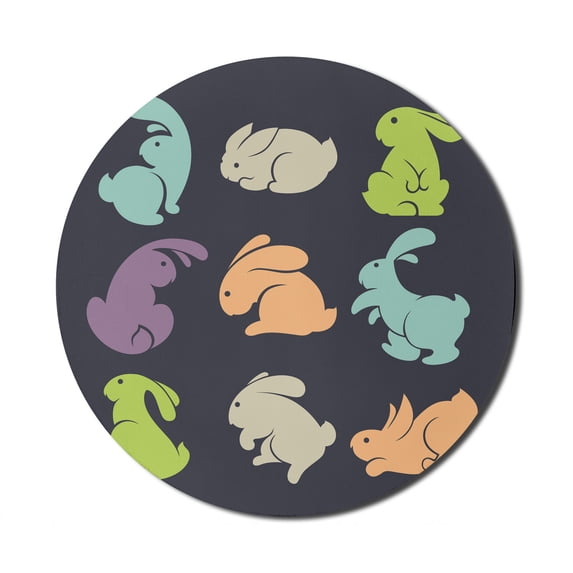 Bunny Mouse Pad for Computers, Pastel Colored Rabbit in Different Positions on a Dark Background, Round Non-Slip Thick Rubber Modern Gaming Mousepad, 8" Round, Multicolor, by Ambesonne