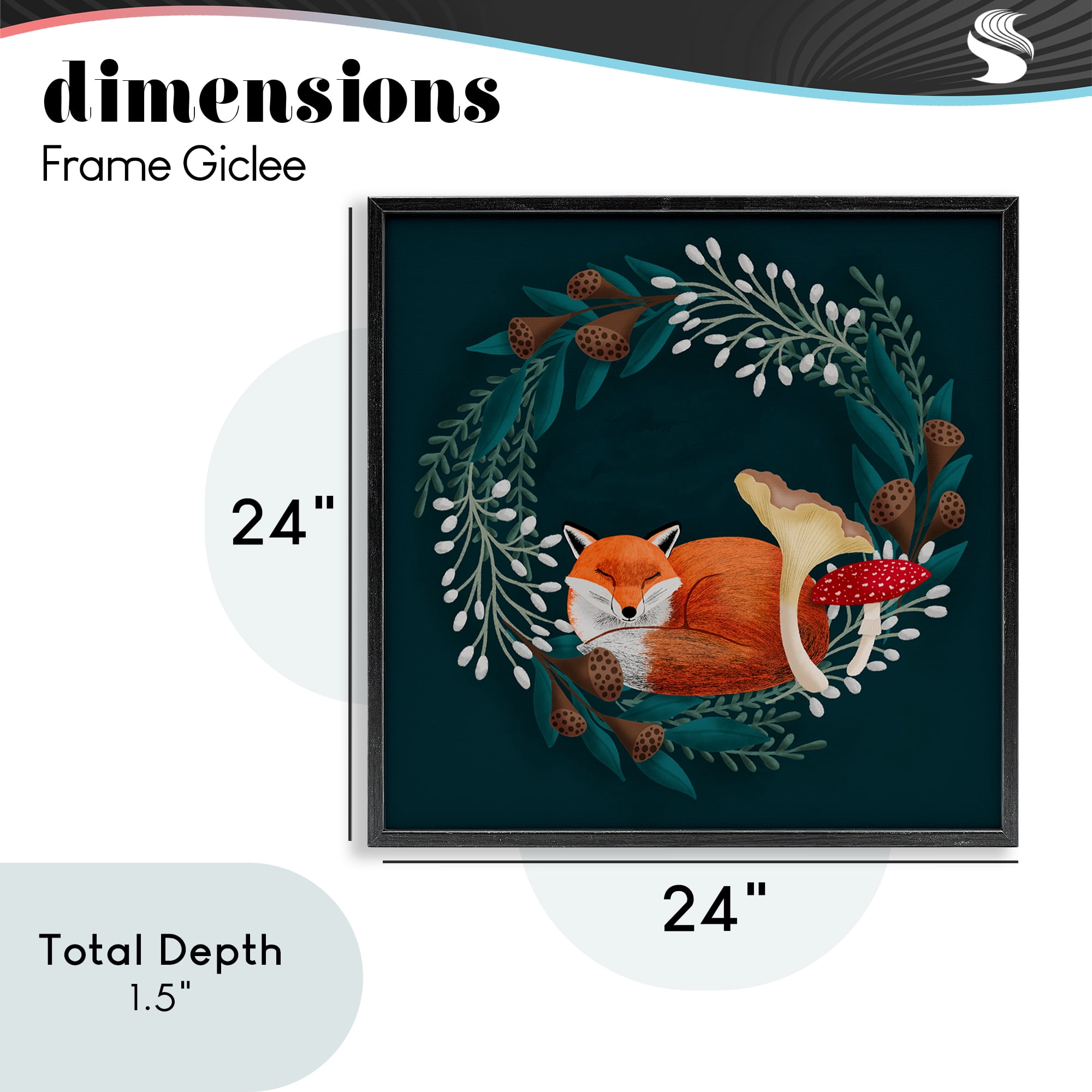 Sleepy Fox in Botanical Wreath Black Framed Giclee Art, design by Metka Hiti