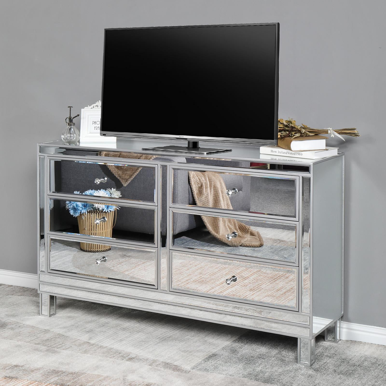 Large Mirrored Silver Television Stand TV Unit Furniture Glass Cabinet Home Chic 