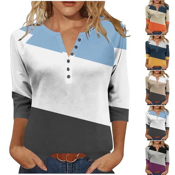 Jsaierl Tops for Women 3/4 Sleeve Summer Round Neck Shirts Fashion Graphic Petite Blouses Work Vacation Tunic Top S-3XL