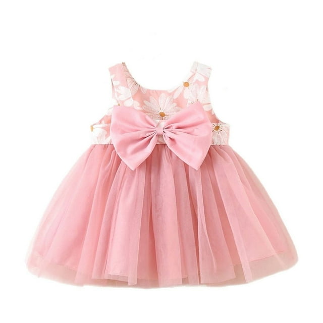 Robes Décontractées pour Bébés Filles Été à Fleurs Couleur Unie Col Ras du Cou Volants Sans Manches Tulle Tutu Princesse Plage Vacances Robe Tenue Quotidienne, Rose, 12-18 Mois