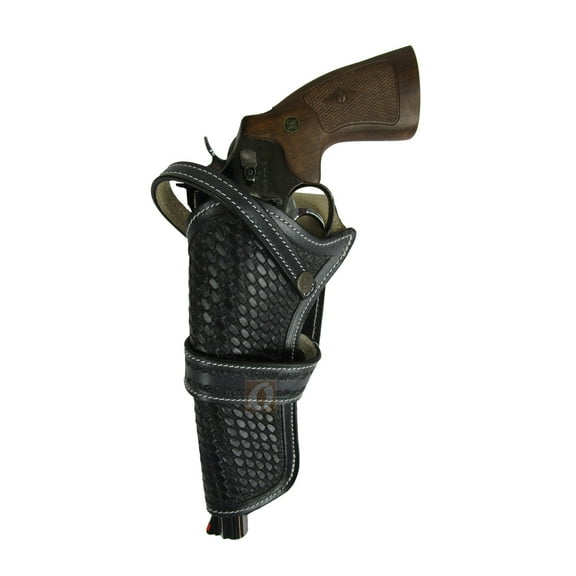 Leather Holster Basket Tooled Long Barrel Western Gun Cover Black Color - Left Handed