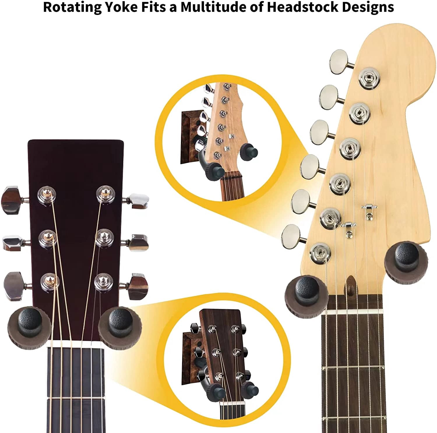 3 Pack Guitar Wall Mounts - Wooden Guitar Hangers with Hooks for Acoustic, Electric, Bass, Ukulele, Banjo, Mandolin