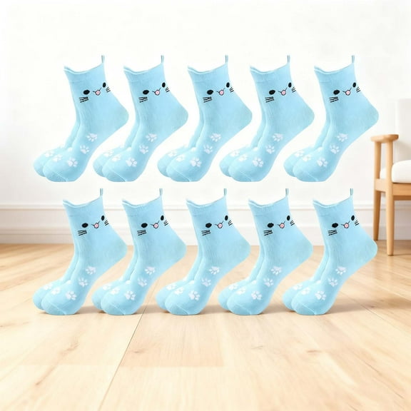NTACZA Socks Womens Size 9-11 Cute Blue 10 Pairs Crew Cat Socks Funny Animal Print Socks for Women