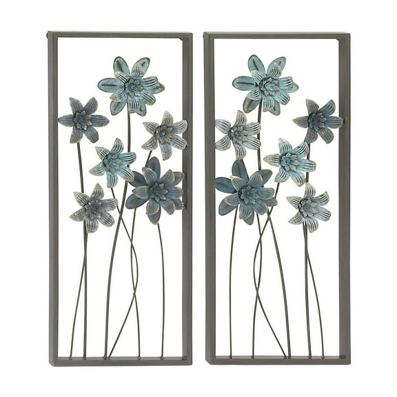 DecMode Teal Metal Floral Wall Decor with Black Frames and Gold Accents (2 Count)