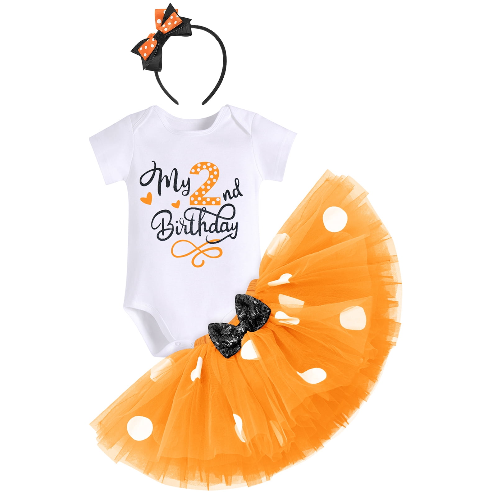 IBTOM CASTLE Toddler Baby Girls 1st 2nd Birthday Outfit Mini Polka Dots Romper Tutu Dress Mouse Ears Headband Princess Skirt Set for Photo Shoot 2 Years Orange