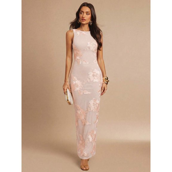 Coral Pink 3D Floral Embroidered Sleeveless High Neck Fitted Maxi Dress