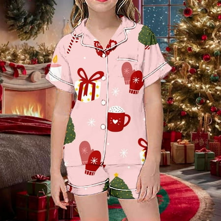 

Ydojg Toddler Girls Pajamas Set Sleepwear Summer Fall Winter Lapel Short Sleeve Tops With Shorts Pajamas Button Down Classic Christmas Print Sleepwear Homewear Black Size 12-13 Years