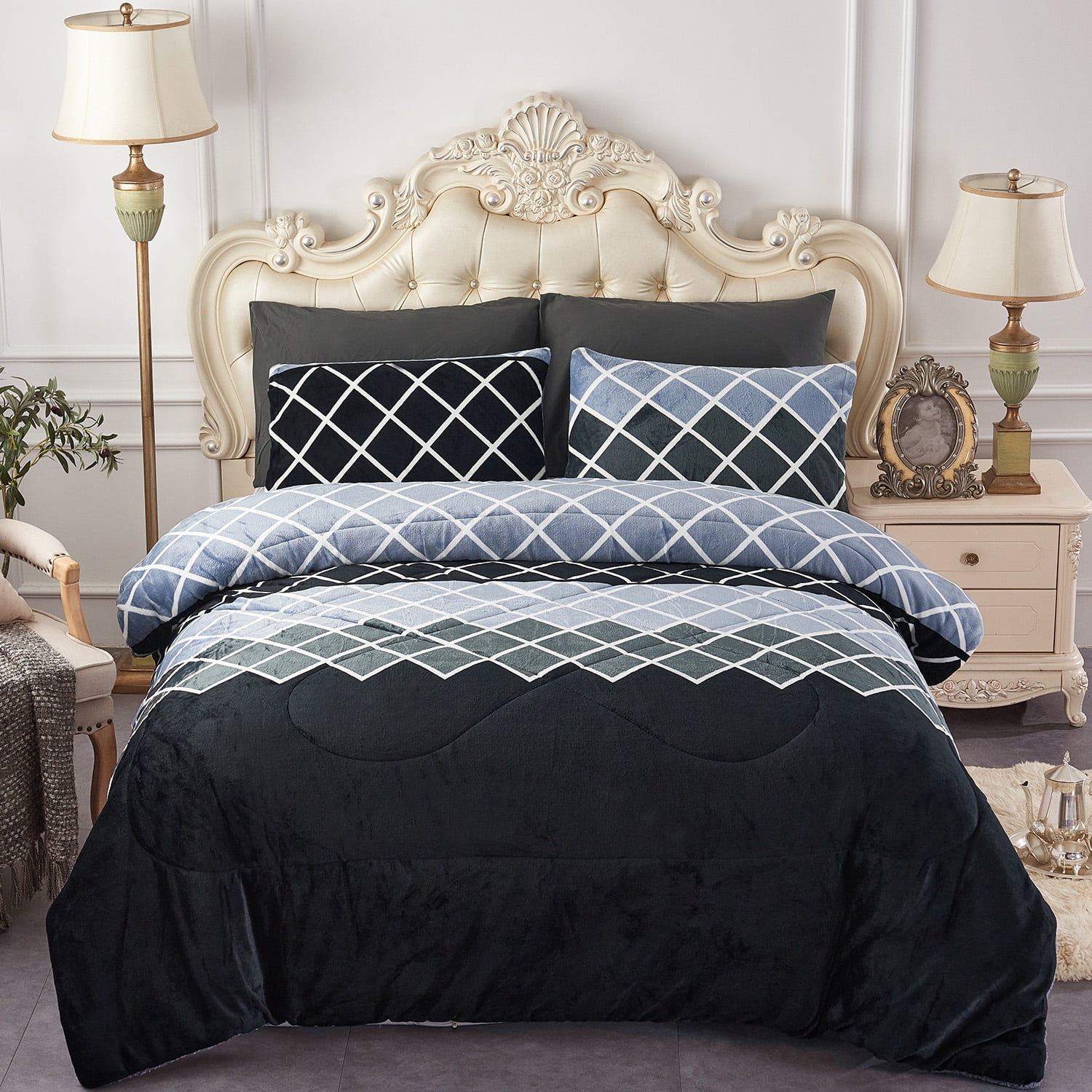 JML Plush Sherpa Bed Blanket, Fluffy & Soft, Reversible, Thick, King 79"x91",Black & Grey