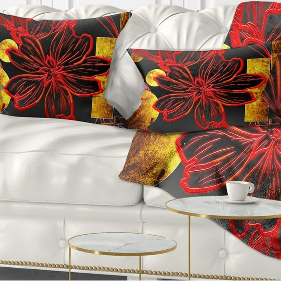 Designart Abstract Red Flower Painting - Floral Throw Pillow - 12x20