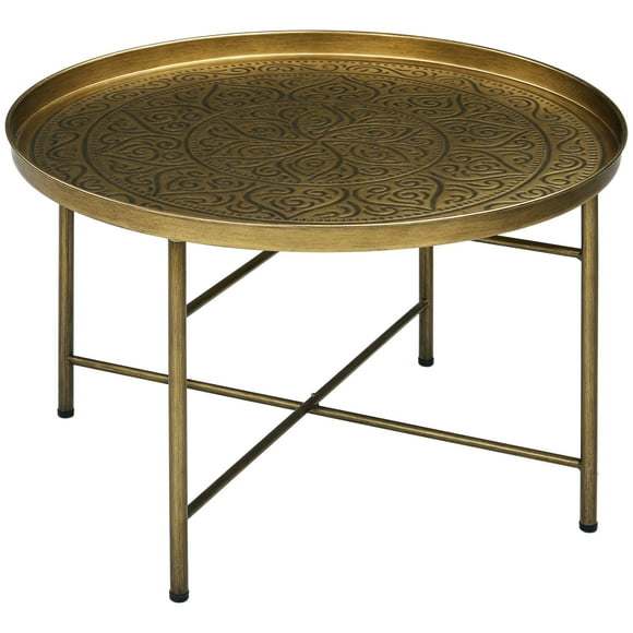 HOMCOM 24" Round Coffee Table with Hammered Tray Top Metal Center Table