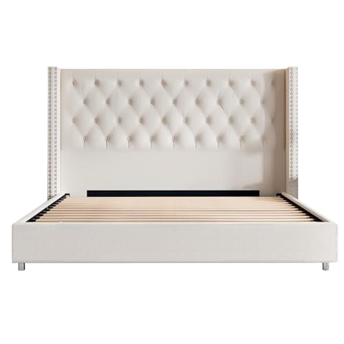 VanAcc King Upholstered Platform Bed Frame with Headboard, No Box Spring Needed, Cream