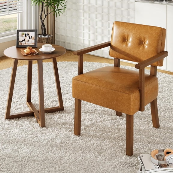 Mid-Century Accent Chair with Wood Frame, PU Leather Upholstered Lounge Arm Chair, Reading Leisure Chair with Classic Button Tufting for Living Room, Bedroom, Balcony, Brown