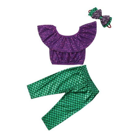 Little Girl Purple Mermaid Three-Piece Sequins Shiny Set Top Pants Outfit