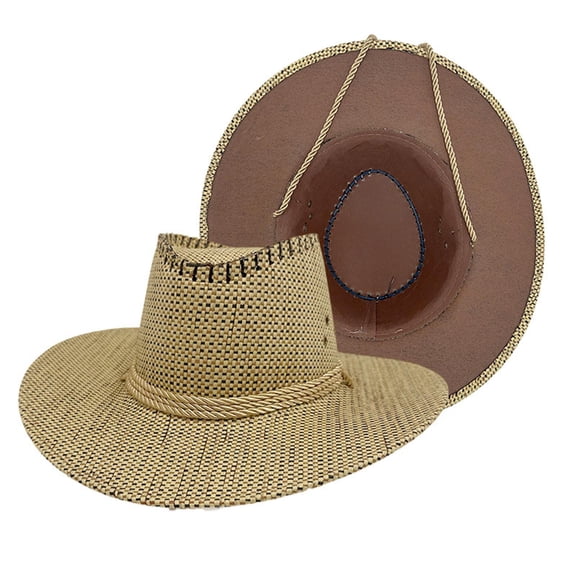 Cowboy Hats for Men Wide-Brim Sun Protection Straw Fedora Cap Mens Casual Solid Color Breathable Summer Beach Visor Bucket-Hat
