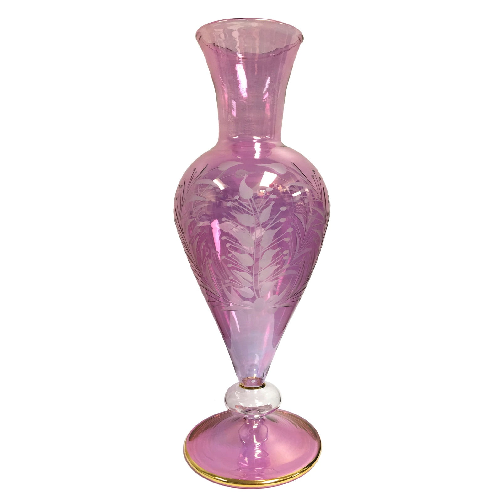 Purple Floral Etched Egyptian Glass Vase Home Decoration Made in Egypt 13 Inch