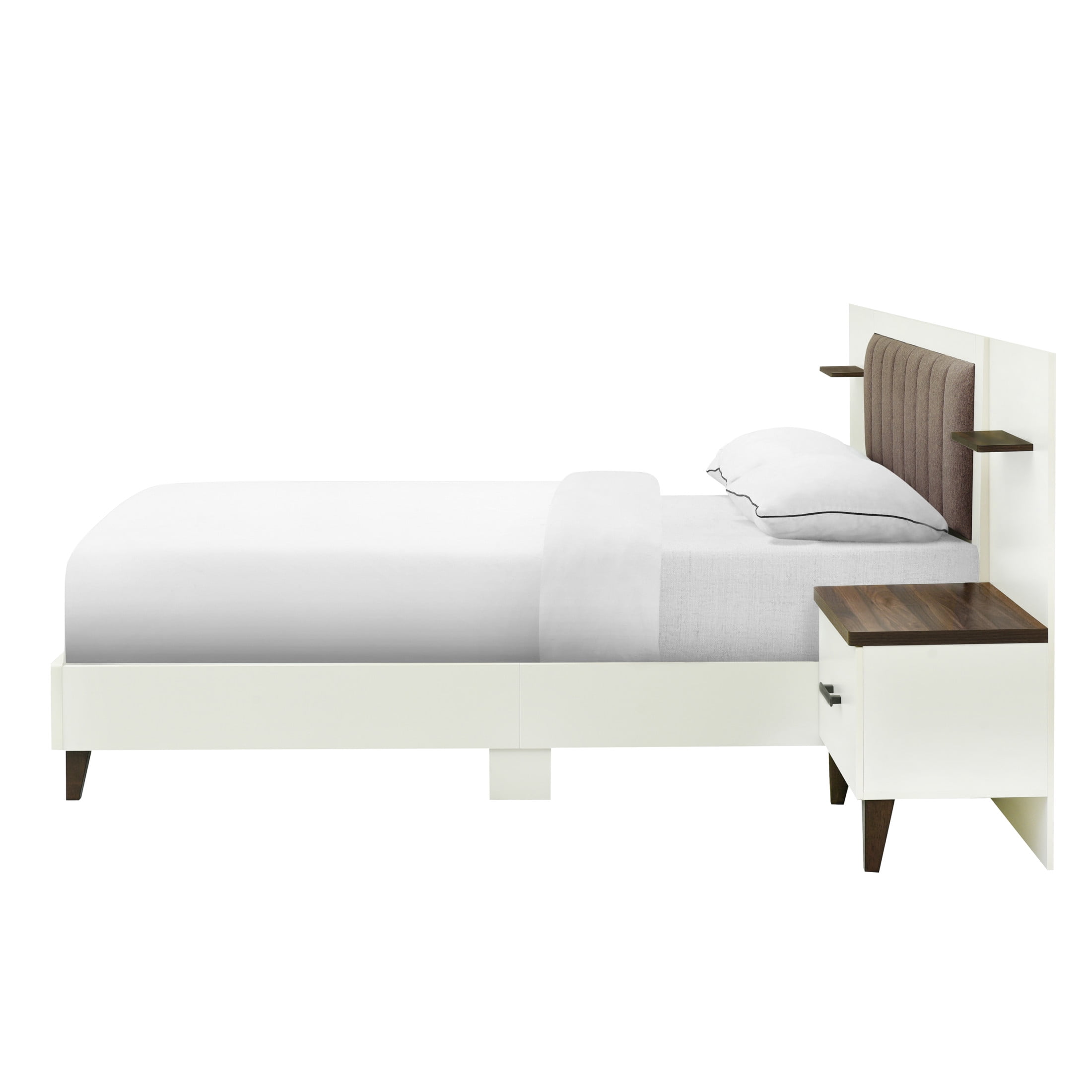 Christopher Knight Home Upholstered Queen Bed Frame with 2 Nightstands & Floating Shelves, Brown+White
