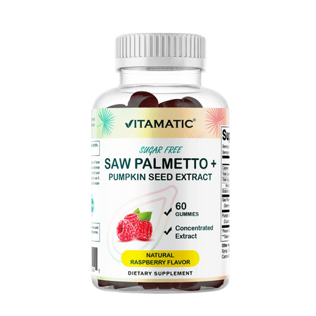 Vitamatic Saw Palmetto & Pumpkin Seed Gummies – Sugar-Free Botanical Extract – Natural Raspberry Flavor – Vegan, Non-GMO, Plant-Based Gummies – 60 Count