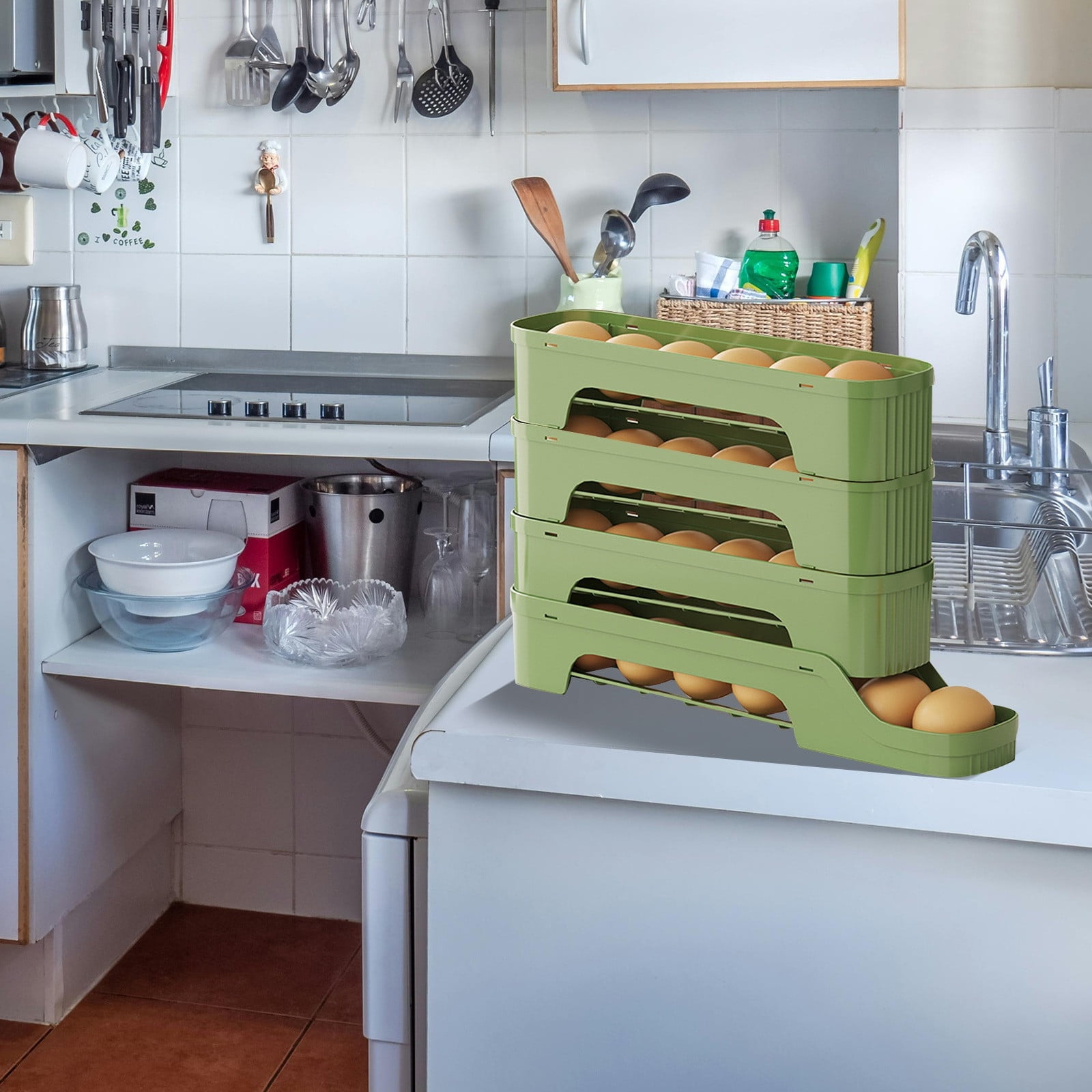 Large Capacity Automatic Scrolling Refrigerator Egg Rack Organizer Stackable Food Grade Sliding Tray Container For Kitchen Fridge Door Storage