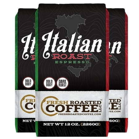 Italian Roast Espresso Coffee, 12 oz. Whole Bean Bags, Fresh Roasted Coffee LLC. (3 Pack - Whole