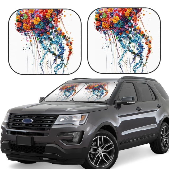 Fotbe Colorful Floral Jellyfish Juego de 2 Piezas de Parasoles para Parabrisas | Bloqueador Solar para Auto | Accesorios Plegables para Protección Solar Interior-Large