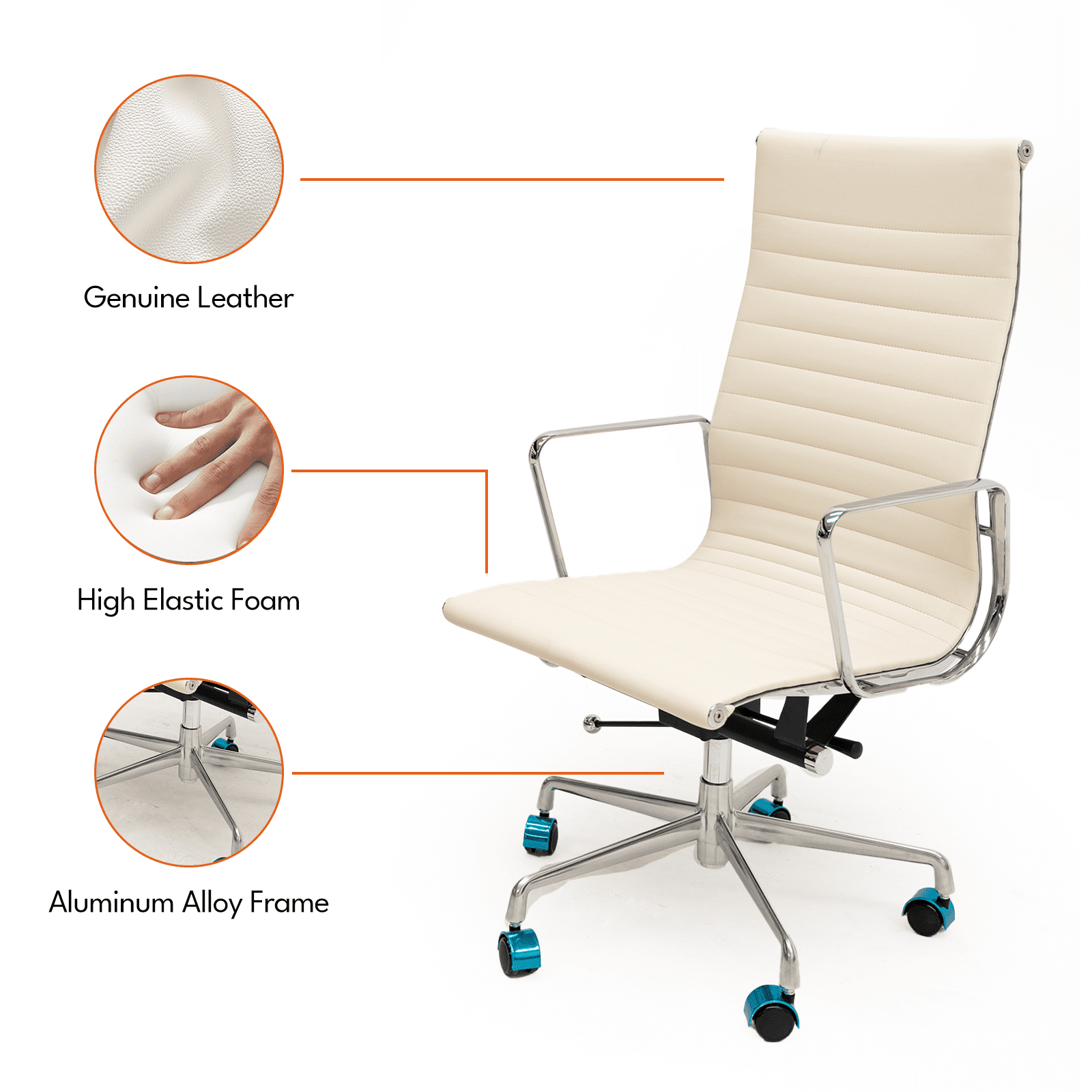 Genuine Leather Swivel Desk Office Chair, Adjustable Aluminum Base Conference Chair for Home Office