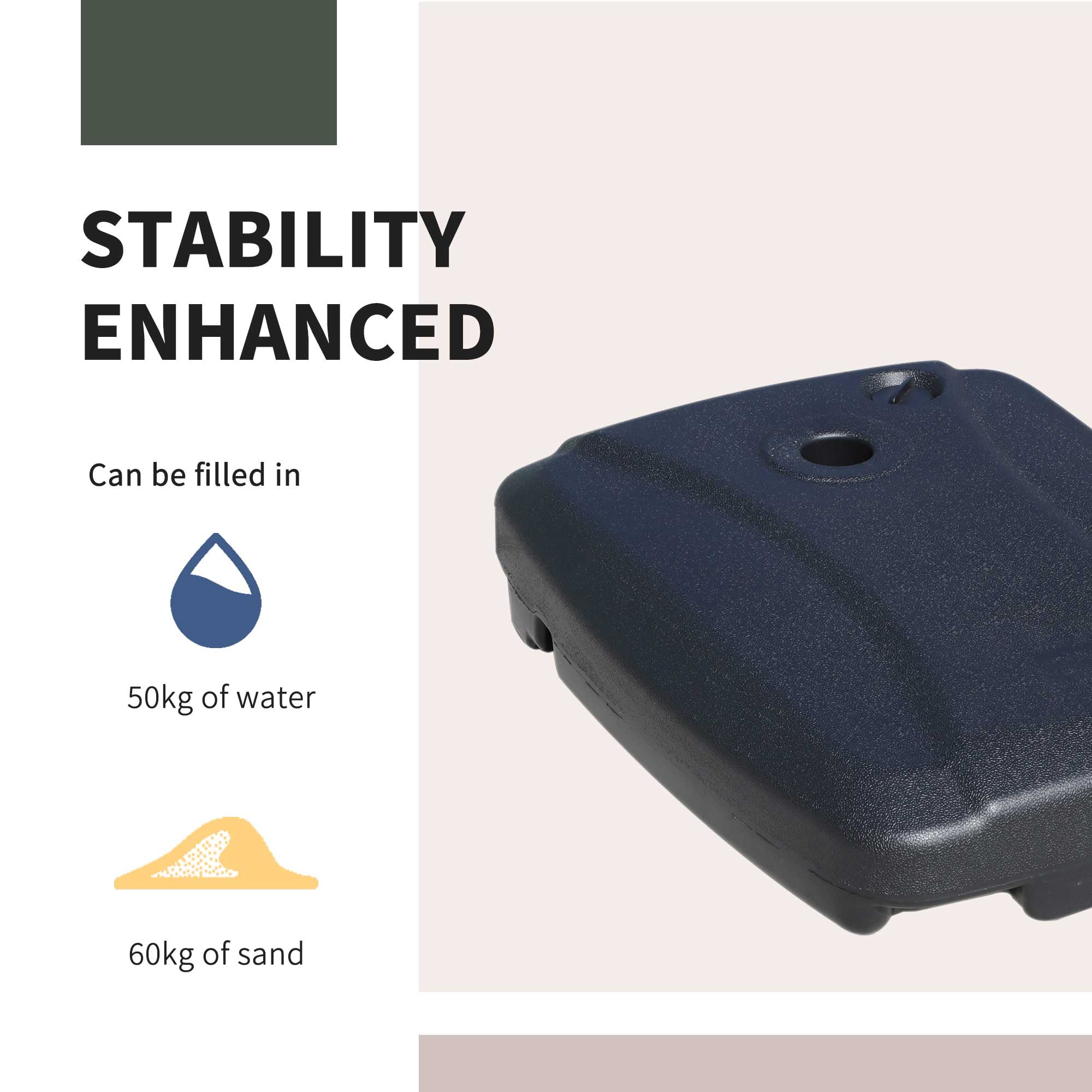 Outsunny Cantilever Offset Umbrella Base Stand Portable Square Parasol Weights with Wheels, 110 lbs Capacity Water or 132 lbs Capacity Sand