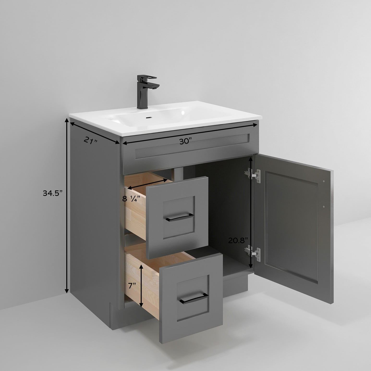 Grey Shaker 30" Shaker Bathroom Vanity Sink Base with Drawers (Ready-to-Assemble