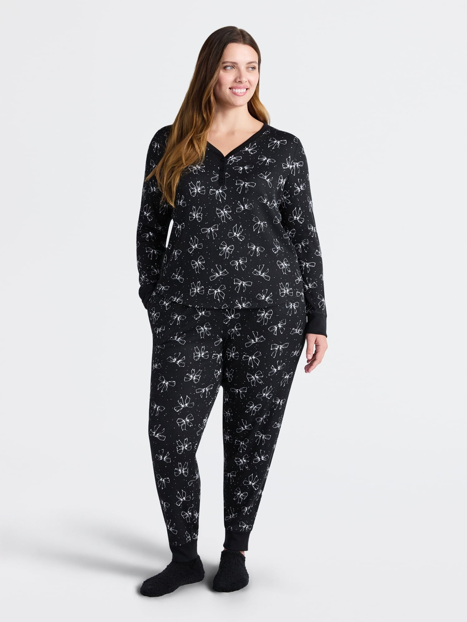 Joyspun Women's Waffle Knit Henley Sleep Top, Joggers and Socks Pajama Set, 3-Piece, Sizes XS-3X