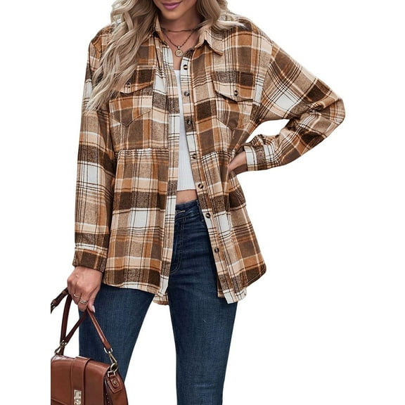Women'S Plaid Shirts Long Sleeves Button Down Peplum Babydoll Jacket Oversized Casual Pocket Blouses Tops Coffee XL