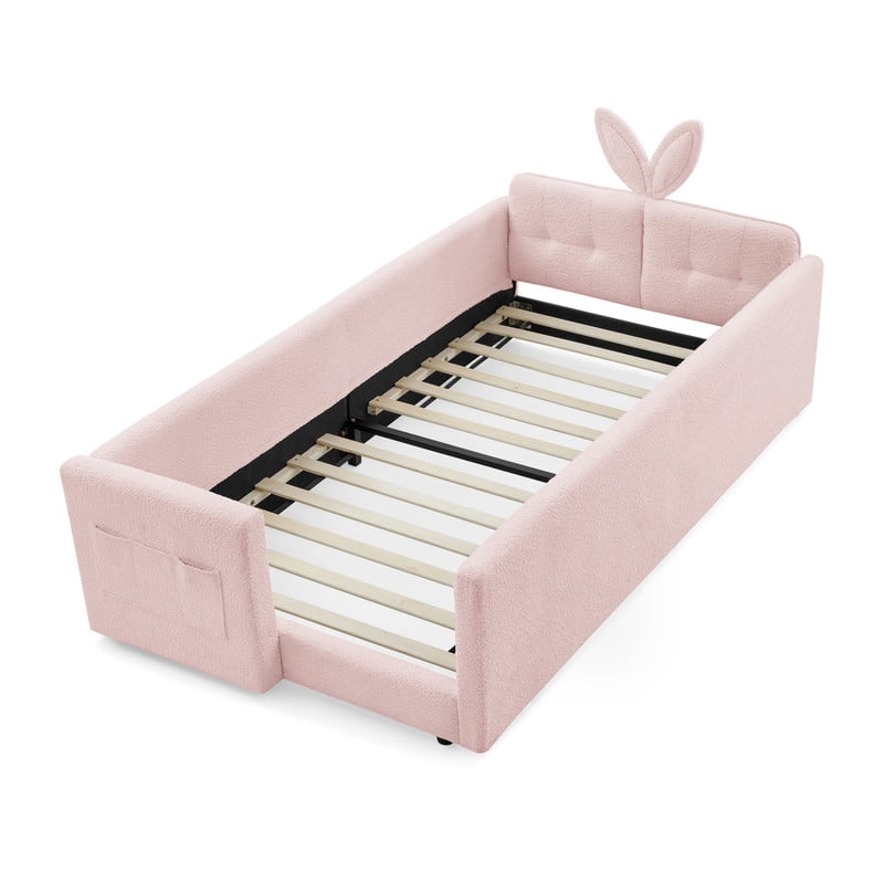 Twin Size Upholstered Platform Bed with Rabbit Ear Headboard, Kids Floor Bed with Storage Pocket & Safety Guardrail, No Box Spring Required