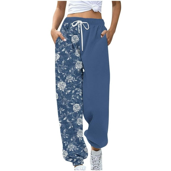 Rollbacks & More LEBONYARD High Waisted Flowy Wide Leg Pants for Women,Women's Casual Trousers Printing Drawstring Pants Waist Long Pants Sweatpants with Pocket Multicolor S