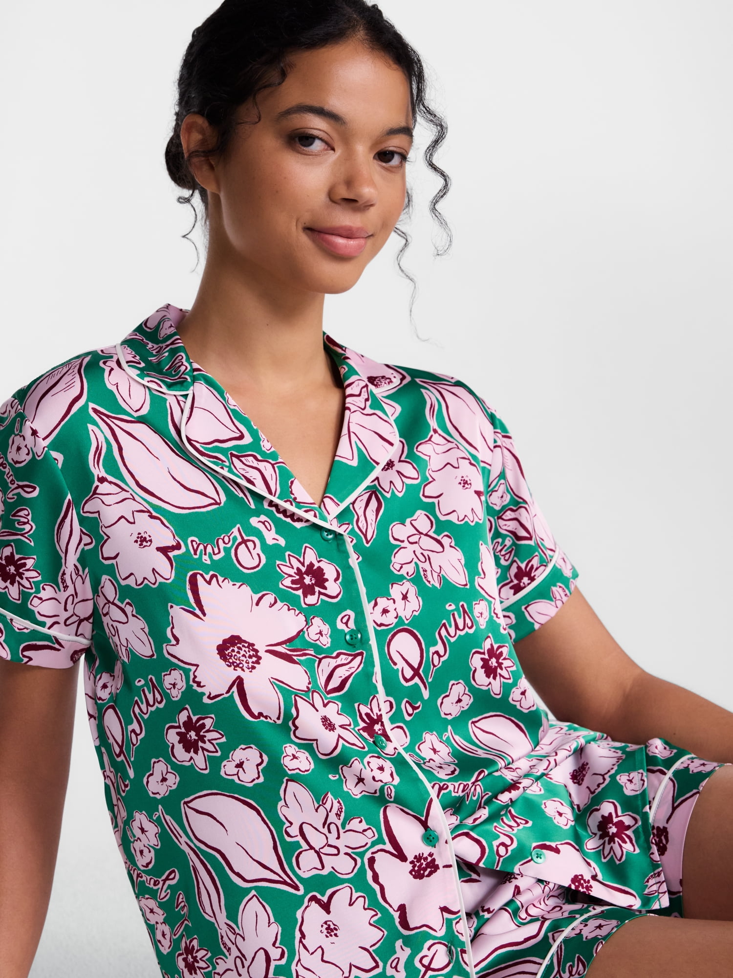 Joyspun Women’s Stretch Satin Sleep Top and Shorts, 2-Piece Set, Sizes XS to 3X