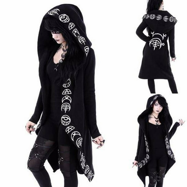 Puntoco Chaqueta de punto negra con capucha y estampado punk de manga larga para mujer, abrigo de talla grande Puntoco Puntoco-6437