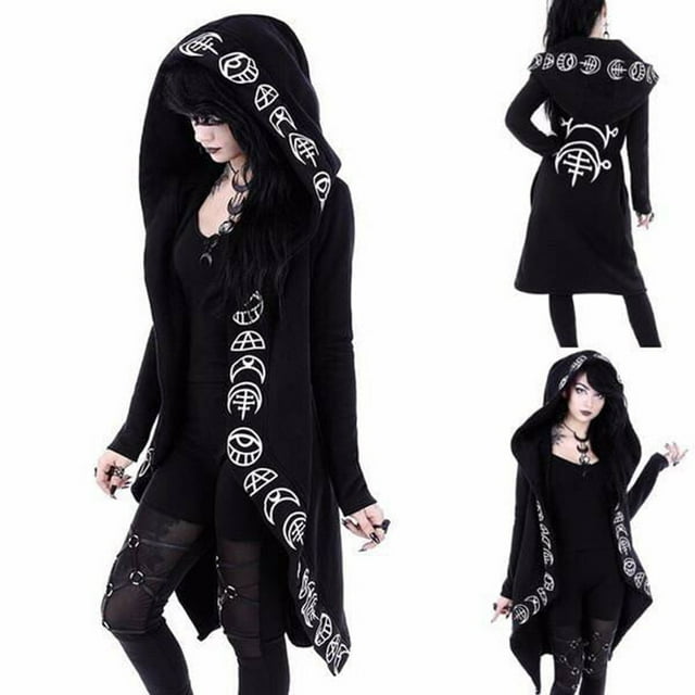 Heliisoer Manteau de Veste de Cardigan Noir à Capuche Punk Imprimé Lune pour Femmes