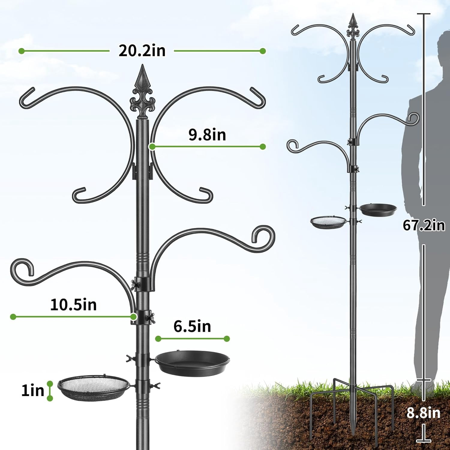 KOLAKO Bird Feeder Pole, 76 inch Bird Feeding Station, Heavy Duty Shepherd Hooks with Birds Bath, Mesh Tray for Outdoors Hanging