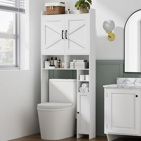 Over The Toilet Storage Cabinet with 2 Barn Door and Toilet Paper Holder Stand, Toilet Shelf Space Saver, for Bathroom, Restroom, Laundry, White