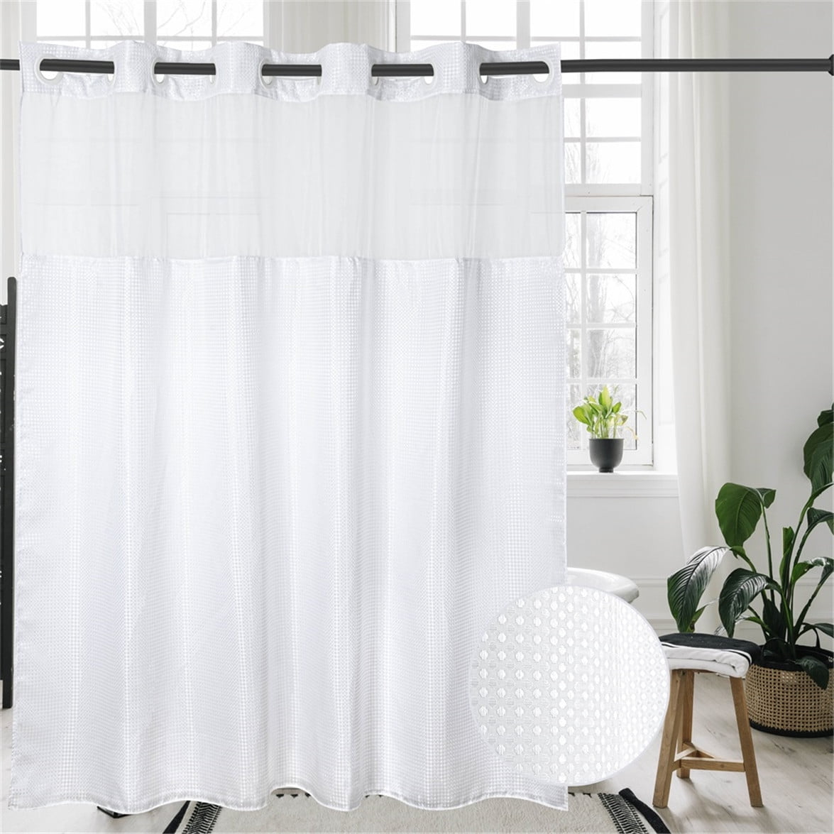 Goodbath No Hooks  Shower Curtains  With Snap in Liner Waffle Waves  Pattern for Bathroom Hotel, 72" x 74", Double Layer,Mesh Top Window,Washable, 1 Count, White