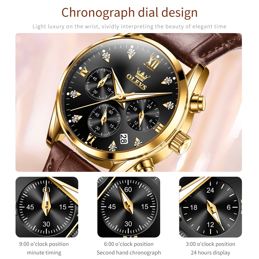 OLEVS Watches for Womens Brown Leather Strap Analog Quartz Rose Gold Fashion Casual Dress Multifunction Chronograph Diamond Date Waterproof Luminous Ladies Watches Relojes para Mujer
