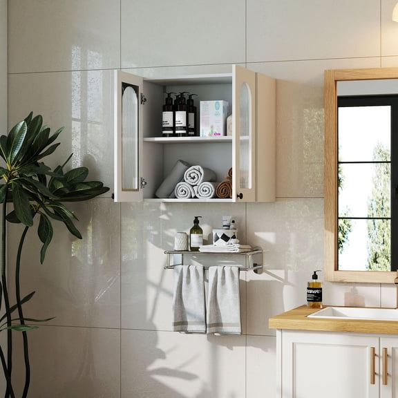 S-HOME Floating Wall Cabinet with Arched Glass Doors Designed for Kitchens and Bathrooms Featuring Adjustable Shelving Options