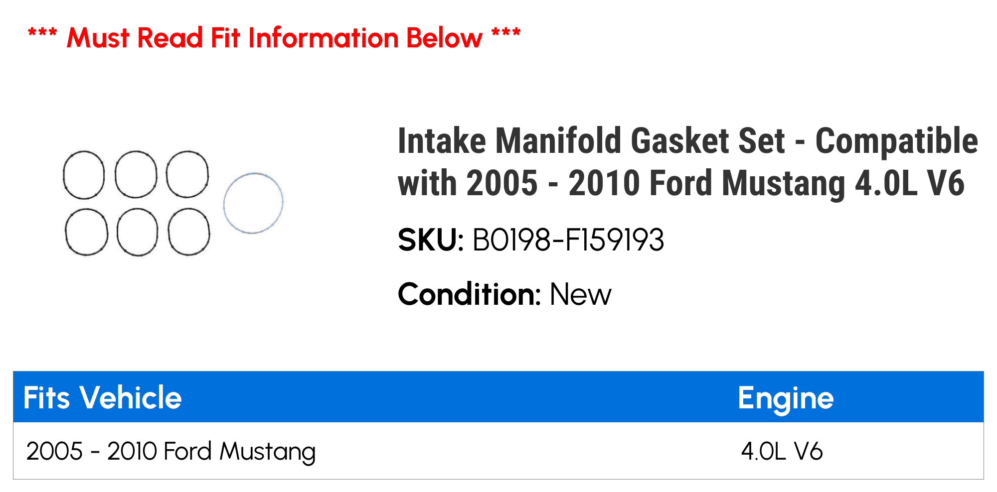 Intake Manifold Gasket Set - Compatible with 2005 - 2010 Ford Mustang 4.0L V6 2006 2007 2008 2009