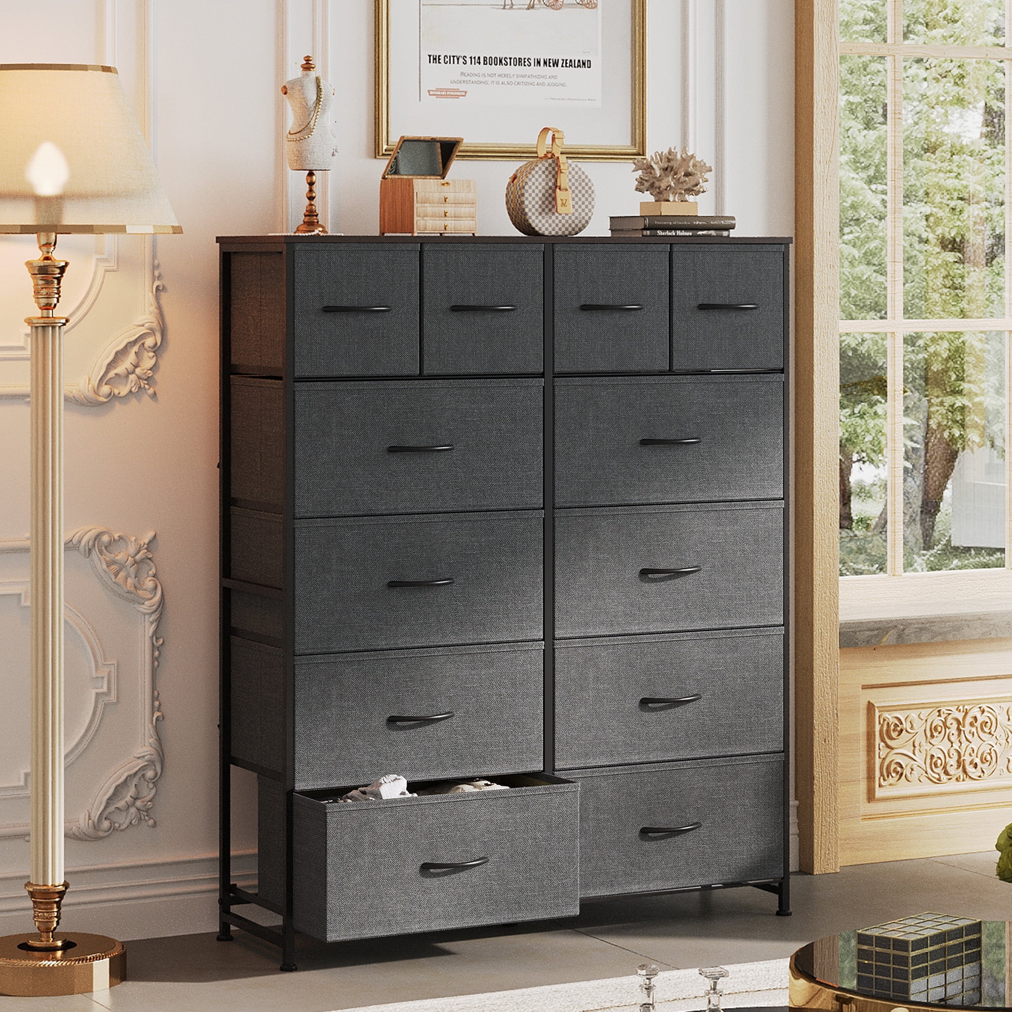 GALAXHERO 12-Drawer Tall Fabric Dresser with Wood Top and Steel Frame, Storage Chest of Drawers for Bedroom, Closet, Dark Grey