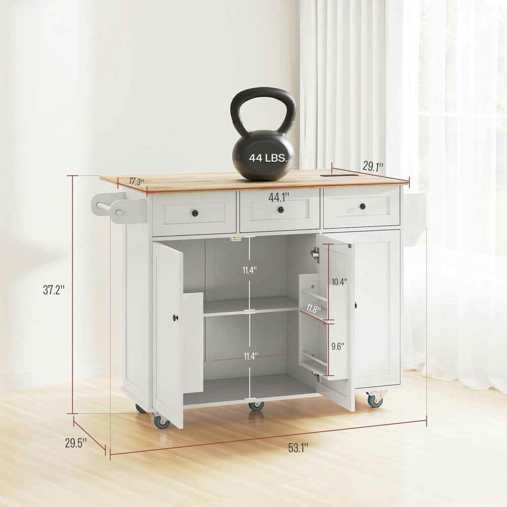 Spaco Kitchen Island on Wheels with Drop Leaf and Charging Station, Rolling Kitchen Cart with Wood Top and Adjustable Shelf, Kitchen Island for Indoor as Kitchen, Dining Room, White
