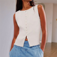 thumbnail image 5 of Women Button Down Vest Ribbed Sleeveless Cardigan Tank Top Y2k Crewneck Slim Fit Knit Vest Tops Going Out Crop Top White L, 5 of 7