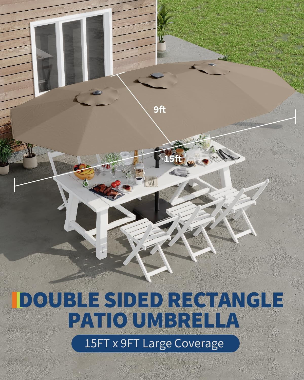 15ft Patio Umbrella with Base,Large Outdoor Double-Sided Rectangle Umbrella with Crank Handle, Market Umbrella for Poolside Garden Deck Backyard Beach Pools