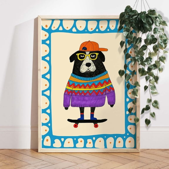 Cool Dog Skateboard Nursery Hipster Animal Wall Decor, Unframed Paper Poster 8x10in